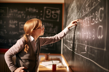 Genius schoolgirl with Down syndrome writing equations on a blackboard in a classroom.
