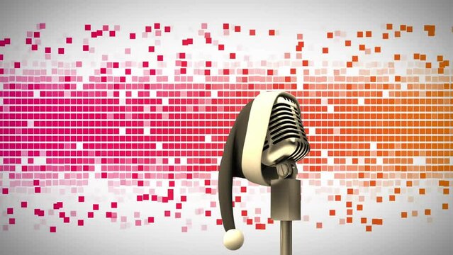Animation of microphone with santa claus hat over red squares on white background