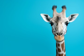 Detailed close up portrait of a magnificent giraffe with a long neck and beautiful brown and white spotted coat, standing gracefully in front of a vibrant blue background