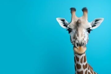 Close-up of a majestic giraffe with a curious expression, featuring long eyelashes and distinctive patterned skin, set against a vibrant blue backdrop - obrazy, fototapety, plakaty