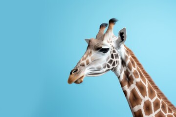 Obraz premium Detailed close-up of a magnificent giraffes elegant head and long neck, showcasing its intricate patterns in the warm sunlight against a stunning blue background.