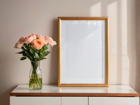 Blank white picture frame, a vase with flowers on the side. Interior mock up for your text or design