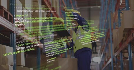 Animation of data processing over diverse male workers in warehouse - Powered by Adobe