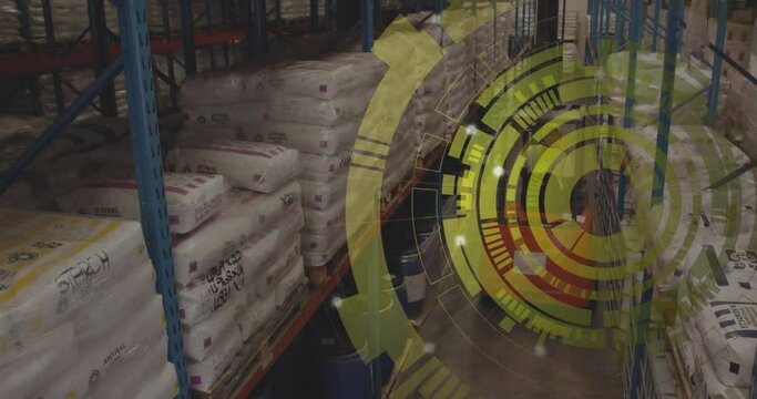 Animation of scope scanning over worker using lift truck in warehouse