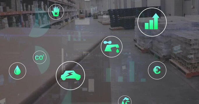 Animation of ecology icons and data processing over warehouse