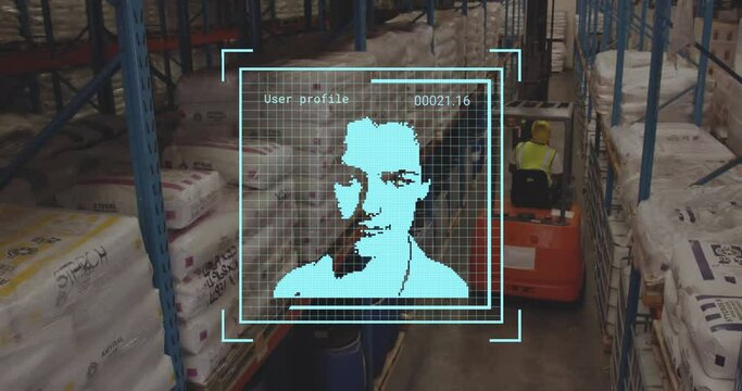 Animation of data processing with portraits over worker using lift truck in warehouse
