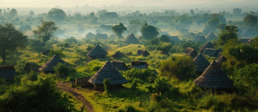 An aerial view showcasing a village nestled amidst serene landscapes in Bor Bor, with captivating huts.