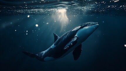 Orca whale in navy blue water swimming
