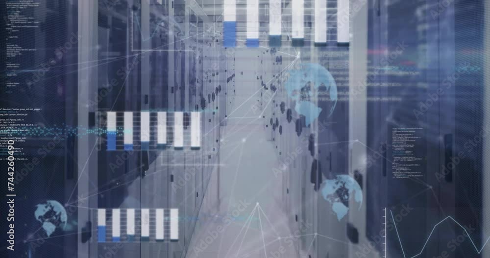 Poster animation of data processing and network of connections over server room
