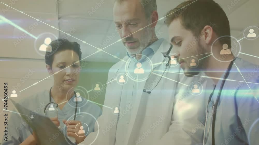 Poster animation of network of connections over diverse doctors looking at x-ray scan
