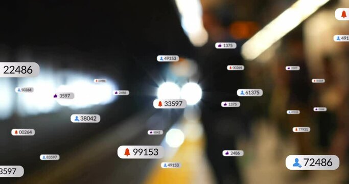 Animation of social media icons with growing numbers over train station