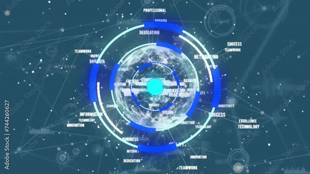 Poster animation of scope scanning and network of connections over globe on grey background