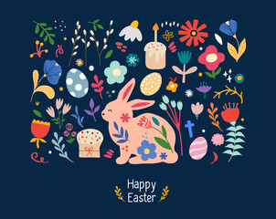 Awesome happy easter card in vector. Funny rabbits and spring flowers with hearts. Stylish holiday background in popular style.Vector illustration. - 744260622