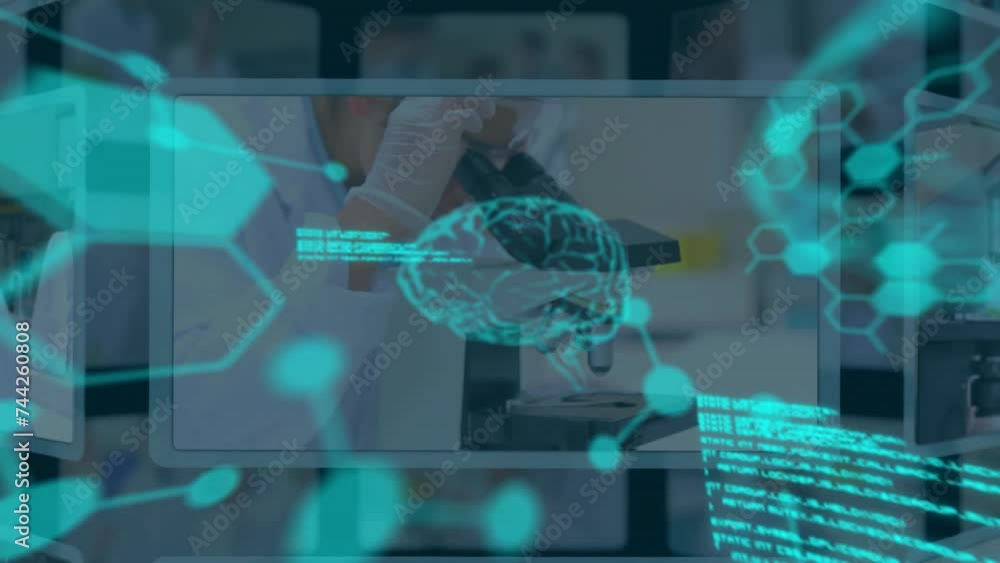 Poster animation of scientific data processing over diverse scientists in laboratory