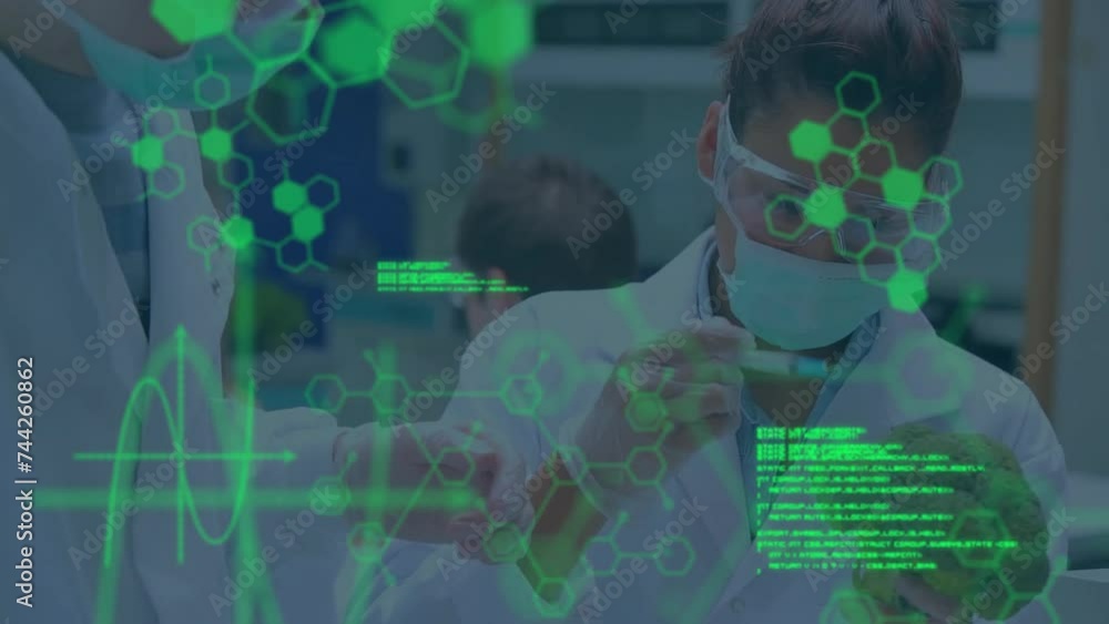 Aufkleber animation of scientific data processing over diverse scientists in laboratory