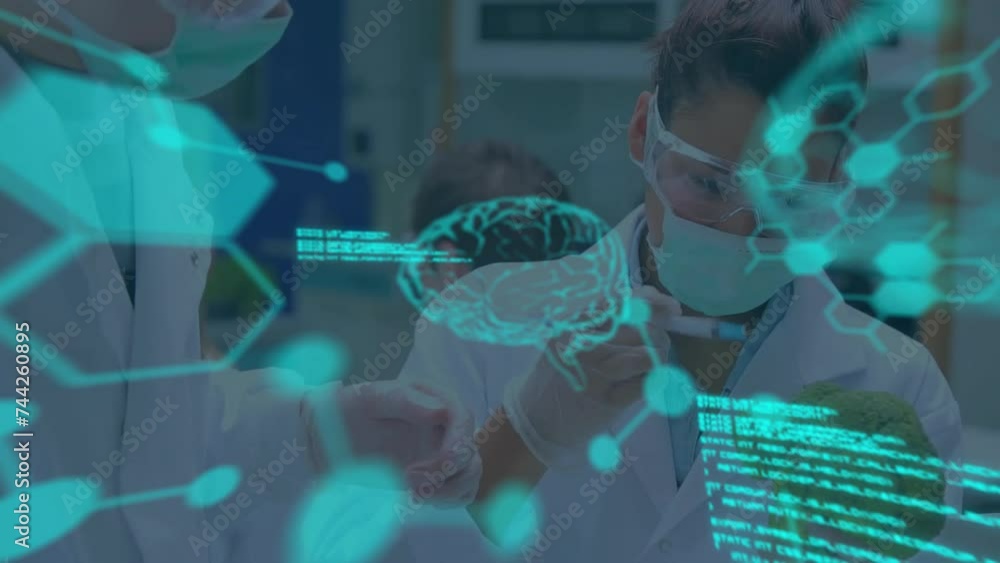 Poster animation of scientific data processing over diverse scientists in laboratory