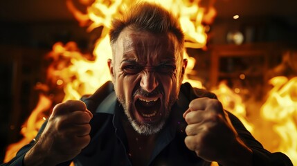 Close-up of an extremely angry adult mature man screaming with fire flames in background