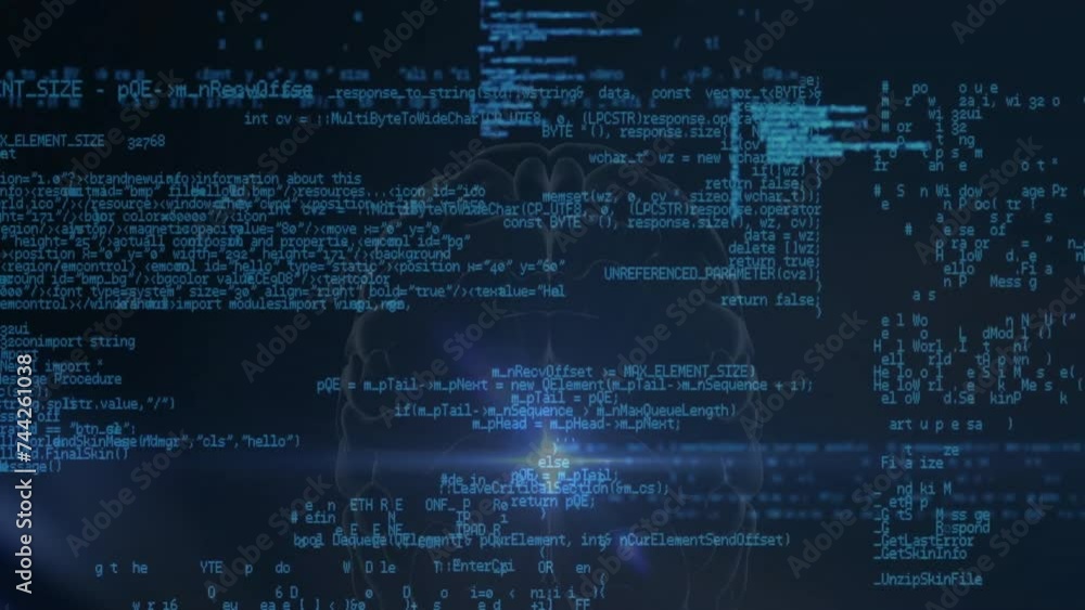 Poster animation of human brain and data processing over dark background