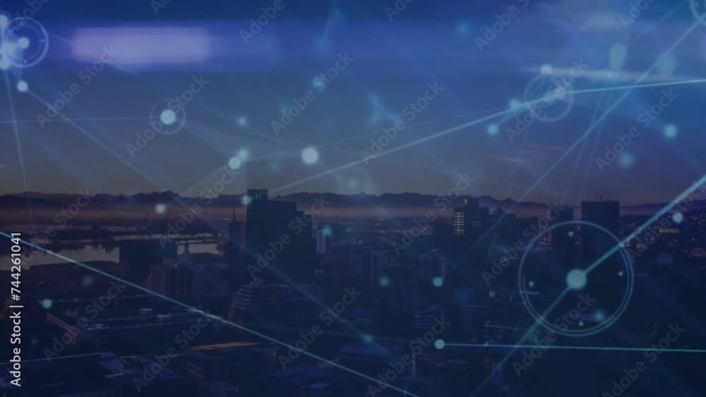 Poster Animation of network of connections and data processing over landscape