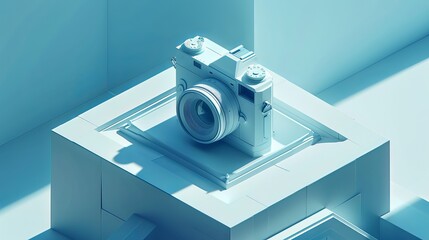 a camera sits in a square, in the style of futuristic elements, light white and light indigo - obrazy, fototapety, plakaty
