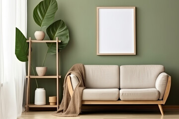 Scandinavian Living Room Interior Design with Blank Mock-Up Brown Wooden Picture Frame and Pot of Houseplant Green Leaf. Eco House Earth Day, Environment Day