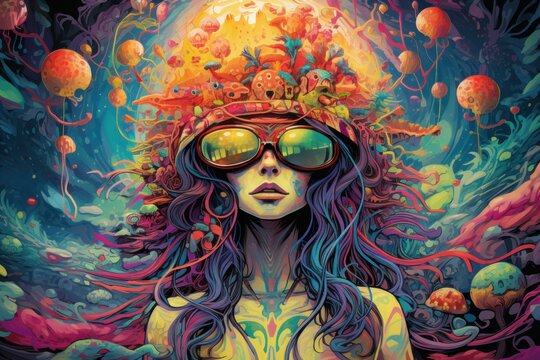 Psychedelic elegance woman with makeup. Female model in colorful outfit and headwear. Generate ai