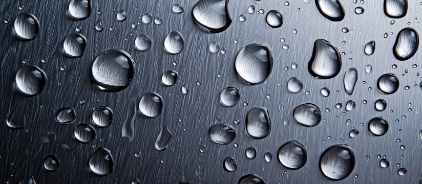 Drops of water create a stunning and captivating visual display on a gleaming stainless steel background.