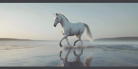 A beautiful amazing white horse runs on the water. Mystical portrait of an elegant stallion. Reflection of a white horse in the water. 3d render