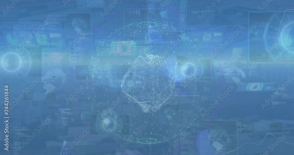 Poster animation of globe and data processing over dark background