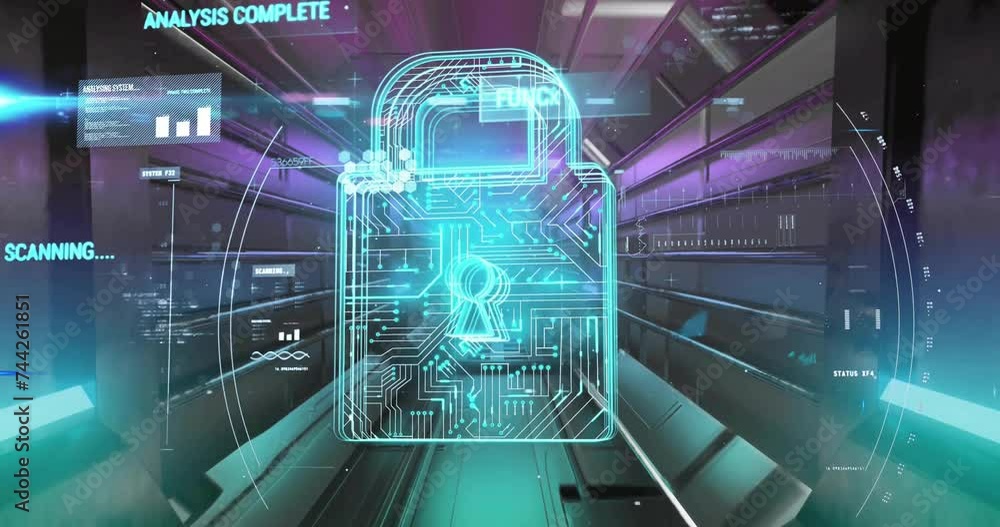Poster Animation of padlock and data processing over dark background