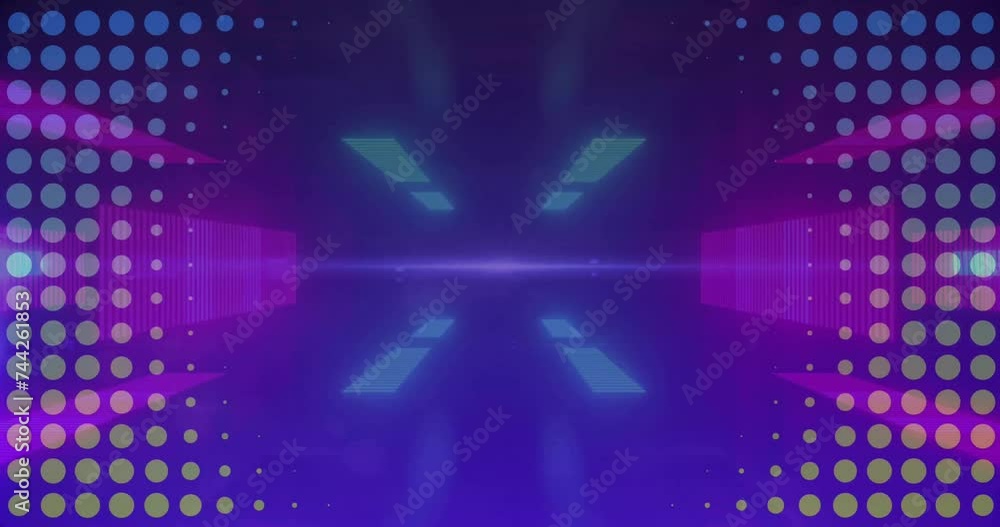 Poster animation of data processing over neon pattern background