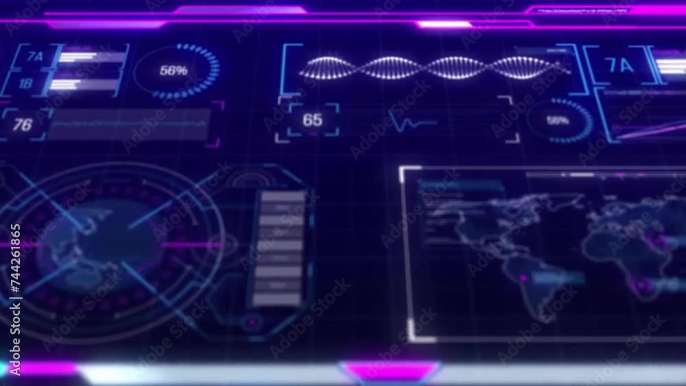 Poster animation of data processing on charts, graphs and world map on dark interface screen