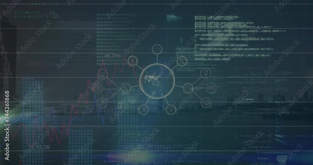 Poster animation of connections and data processing over dark background