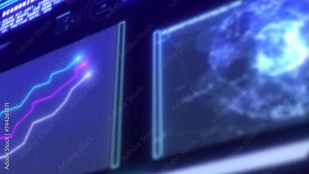 Aufkleber animation of data processing on graphs and world map on glowing interface screens