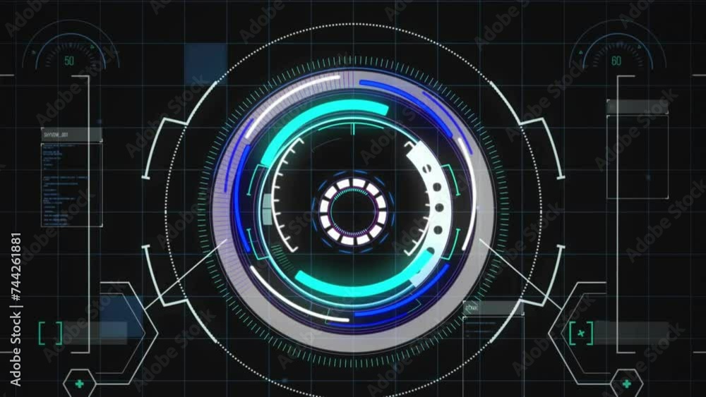 Poster animation of circular scanner processing data on interface screen with black background