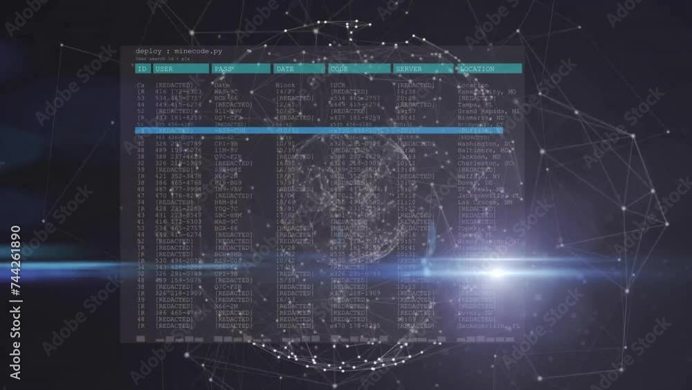 Poster animation of data processing over glowing global network on black background