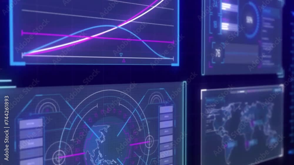 Poster animation of data processing on glowing charts, graphs and world map on dark interface screen