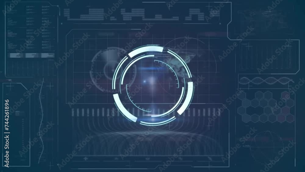 Poster animation of circular scanner over charts processing data on dark interface screen