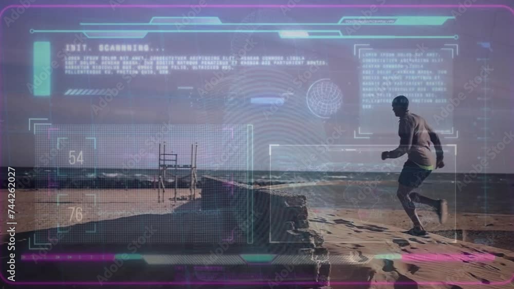 Poster animation of afrcian american fit man running and data processing