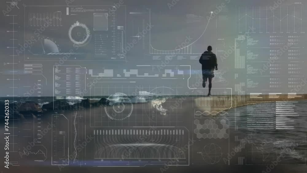 Aufkleber animation of afrcian american fit man running and data processing