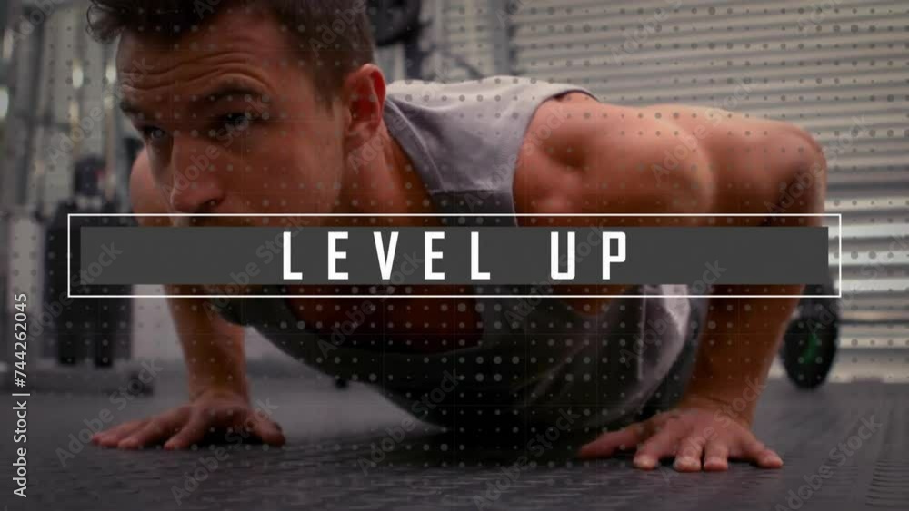 Poster animation of caucasian strong fit man exercising and level up text, data processing