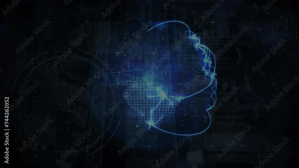Poster animation of globe with light trails and data processing on dark background