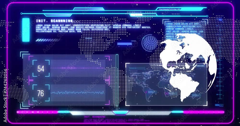 Poster animation of globe and data processing over screens on dark background