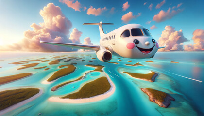Airplane with smiling face flies over Bahamas' clear blue waters. The happy airplane soars high...