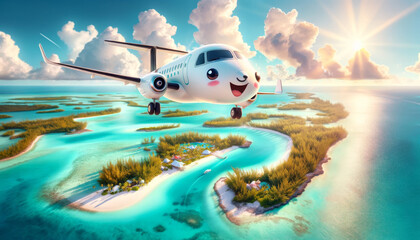 Airplane with smiling face flies over Bahamas' clear blue waters. The happy airplane soars high above the green islands and white sands.