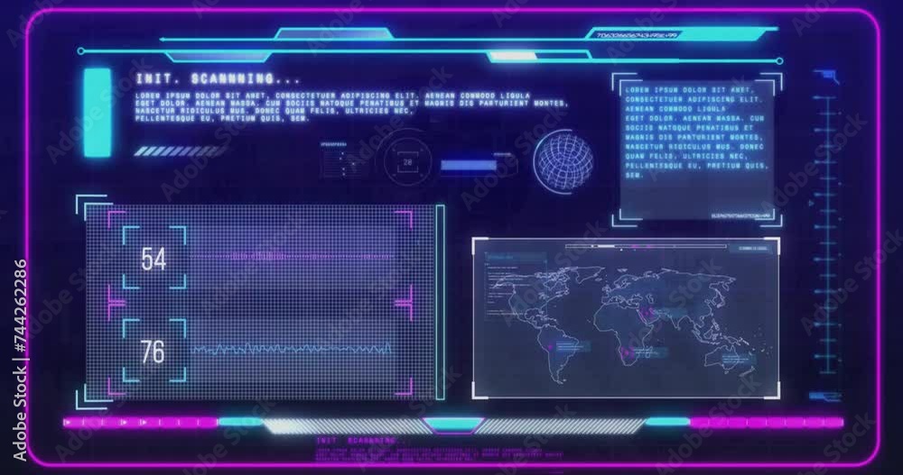 Poster animation of scopes scanning and data processing over dark background