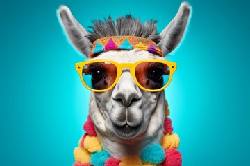 Funny llama in sunglasses with a colorful headband and pom-pom necklace isolated on blue background. Concept of summer, fun, party, travel, vacation, exotic funny animals.