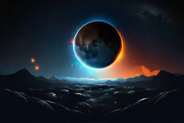 Solar eclipse .Star and moon in space. Futuristic landscape, with noise texture . Night landscape .Vector illustration, moon over the moon, moon. - obrazy, fototapety, plakaty