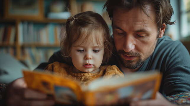 Father, child in a joyful family setting, father's warmth, family reading time, child's happiness, ideal father's day concept.