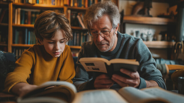 Father shares a book with child, radiating family joy, a scene of fatherly love, with father, child, and family delight, a perfect father's day concept..